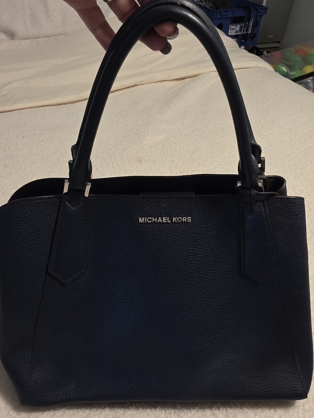 MICHAEL KORS Navy Pebbled Leather Satchel with Silver Logo and matching wallet